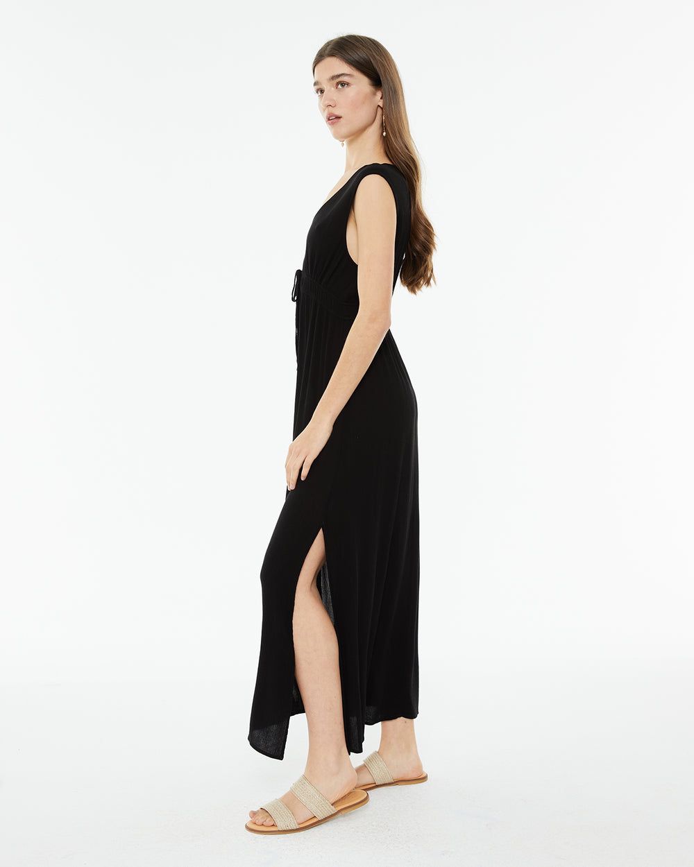 Vestido midi bambula con fruncido en la cintura